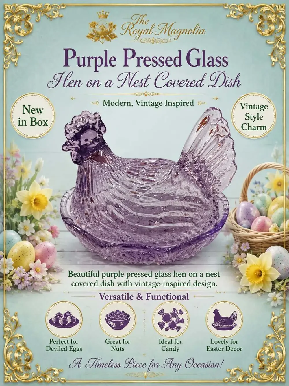 The Royal Magnolia Purple Pressed Glass Hen on a Nest Covered Dish